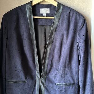 ALBERTO MAKALI Blue Perforated Blazer Jacket with Faux Leather Trim